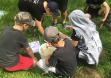 Children of Chardstock Primary School testing the water quality.