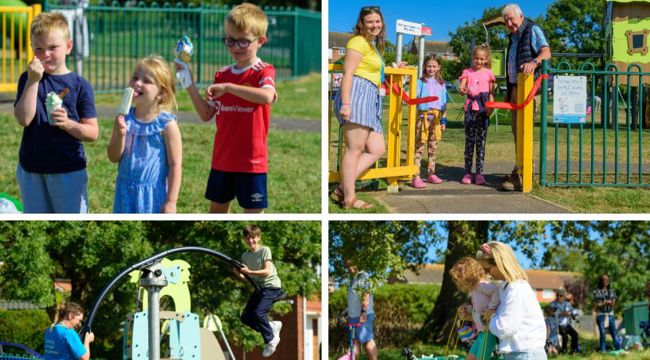 Collage of photos from the community day at the new play area by Ihor Andriienko. Children eating ice cream. Jamie Clayden from EDDC's community team, Cllr Geoff Jung and two children cutting the ribbon at the play area's entrance. People on the play equipment and taking part in the activities at the community day.