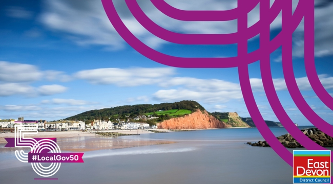 Photo of Sidmouth with #LocalGov50 and East Devon District Council logos