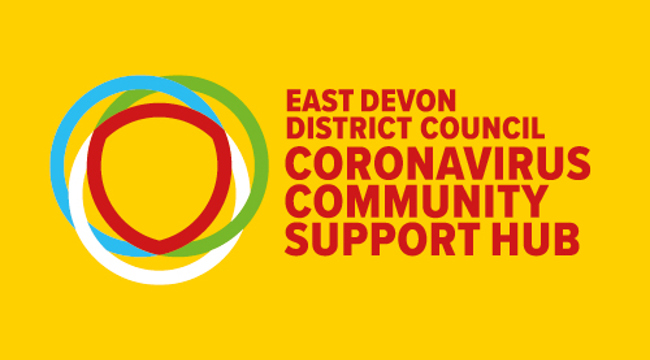 A coloured circle alongside the words East Devon District Council Coronavirus Community Support Hub