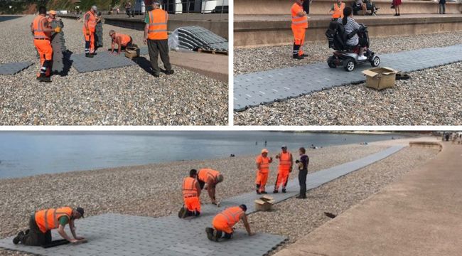 Seaton beach pilot Tuff Trac path, for disabled, physically impaired, wheelchair and scooter users, getting laid on seafront 