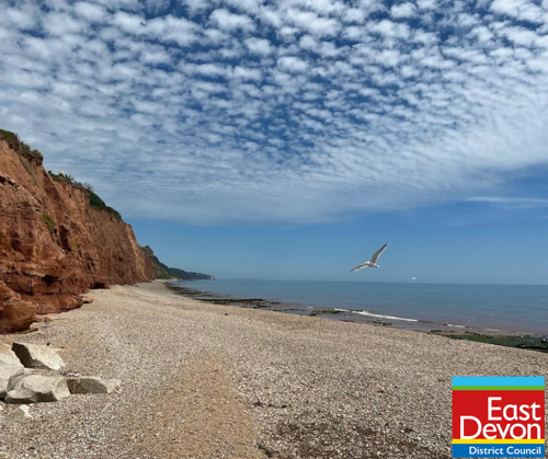 East Devon beach with EDDC logo
