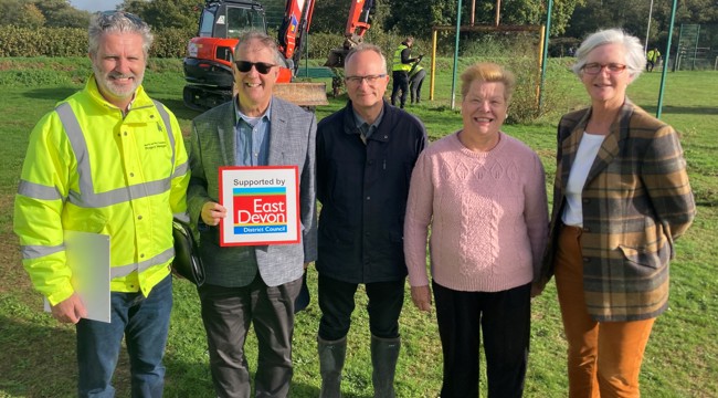 Newton Pop Playing Field 1: (L-R) Michael Carter - project officer, Councillor Nick Hookway - EDDC’s portfolio holder for culture, sport, leisure and tourism, Councillor Chris Burhop - Chair of Newton Poppleford and Harpford Parish Council, Parish Councillor Susan Tribble and Jacqui Baldwin - Clerk to Newton Poppleford and Harpford Parish Council. Picture credit: EDDC 