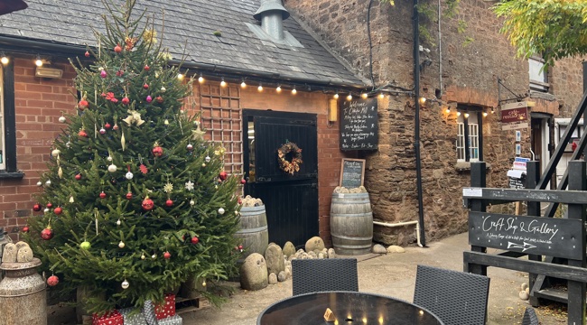 Christmas tree and lights in an East Devon retail courtyard