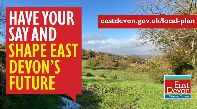 Photo of the proposed Green Wedge at Colyton. Text: have your say and shape EAst Devon's future. eastdevon.gov.uk/local-plan. East Devon District Council logo