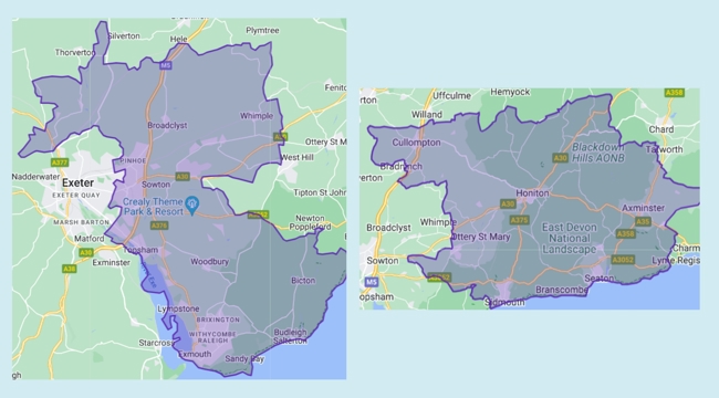 Maps of the new Exmouth and Exeter East constituency and the Honiton and Sidmouth constituency