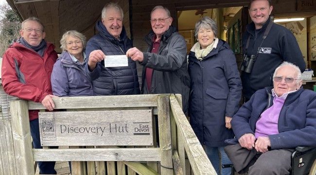 SVCT’s Chair Bernard Dunford hands a cheque for £8000 to Cllr Geoff Jung.  Pictured from L-R: Bob Spalding, SVCT Trustee and Treasurer; Ann Kelf, SVCT Secretary;  Cllr Geoff Jung, EDDC’s lead Councillor for Coast, Countryside and Environment; Bernard Dunford, Chair of SVCT; Heather Sanham, SVCT Executive Committee; James Chubb, EDDC’s Countryside Manager; Doug Smith, SVCT Trustee