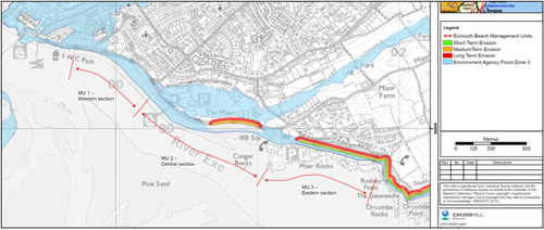 Map with the areas at risk of flooding and erosion along the Exmouth BMP frontage shown (as defined in the Exmouth BMP, 2015).