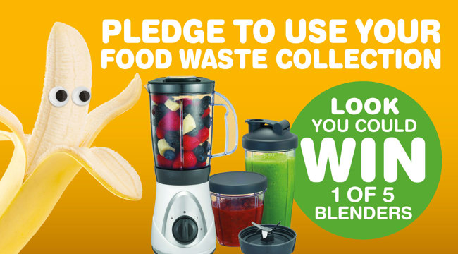 Text: Pledge to use your food waste collection. 'Look you could win 1 of 5 blenders'. Banana with eyes and a blender