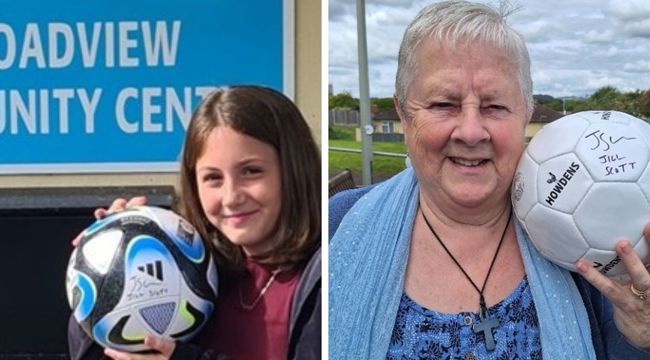 Photos of Kasey and Dorothy with the signed footballs