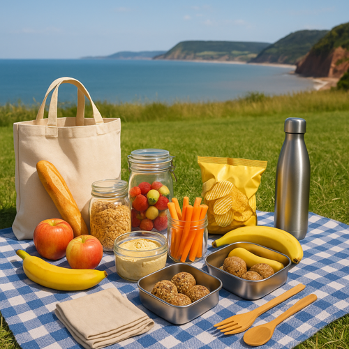 plastic free picnic with reusable containers, loose and fresh produce and vegan snacks