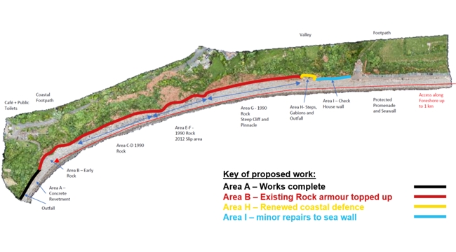 A diagram of Seaton's coastal defence upgrades  - rock armour top up, renewed coastal defence and minor repairs to sea wall 
