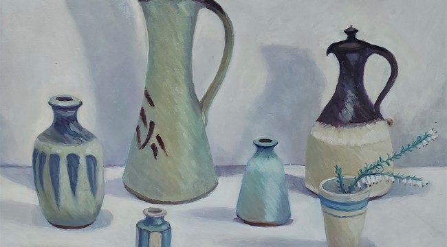 Painting of pots and vases in cream and blue, one containing white heather sprig