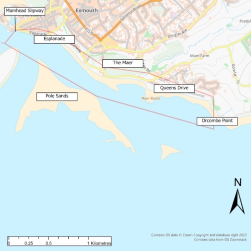 Map of Exmouth with labels Mamhead Slipway, Esplanade, The Maer, Queens Drive, Orcombe Point, and Pole Sands. A red box covers the BMP area