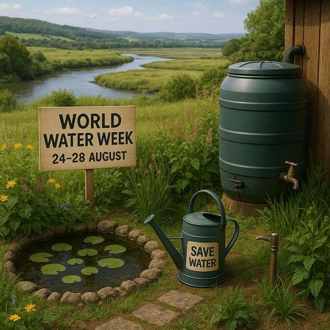 world water week, mini pond, watering can and water butt with a body of water in the background