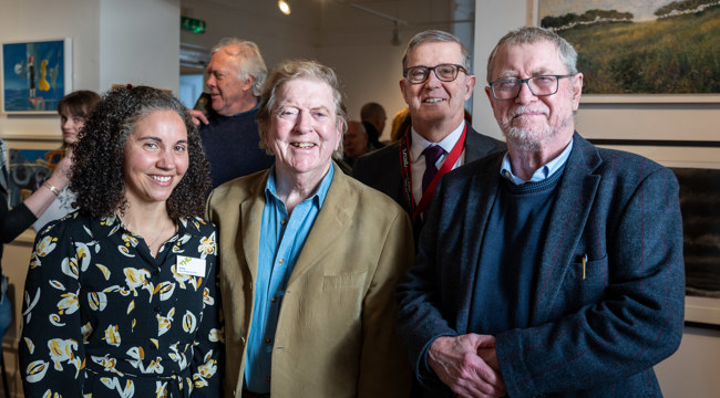 Group photo: Gemma Girvan (THG Gallery Manager and Curator), Alan Cotton MBE (Founder and Honorary Academician, South West Academy of Fine and Applied Arts), Councillor Nick Hookway (East Devon District Council's Portfolio Holder for Culture, Leisure, Sport and Tourism), John Nettles OBE (President of South West Academy of Fine and Applied Arts)