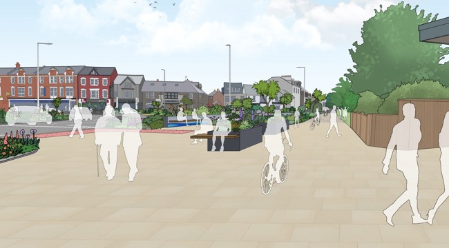 Illustration of the proposals for Exmouth with people walking, trees and buildings