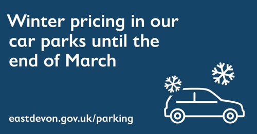Winter pricing in our car parks until the end of March. eastdevon.gov.uk/parking. Car and snowflakes illustration