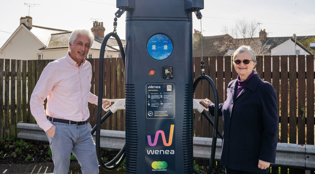 Jose Contreras from Wenea and Councillor Marianne Rixson, EDDC's portfolio holder for Climate Action and Emergencies stood next to a new EV charger