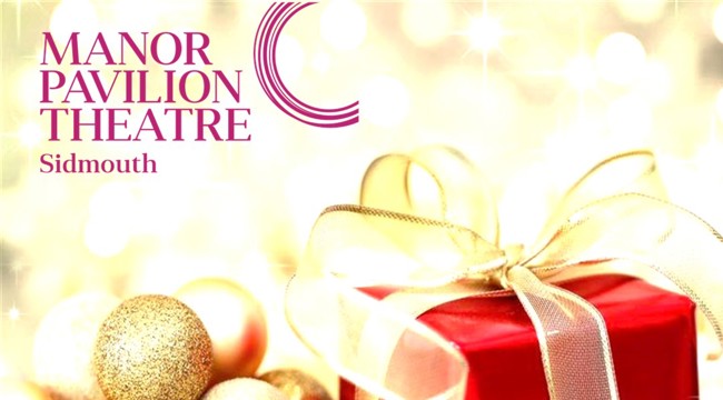 Manor Pavilion Theatre Sidmouth logo on an image of a present and baubles 