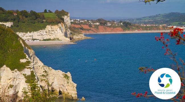 Photo of the East Devon coastline between Beer and Seaton. South West Flood & Coastal logo