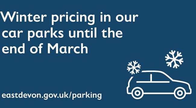 Winter pricing in our car parks until the end of March. Illustration of a car and snowflakes. eastdevon.gov.uk/parking 