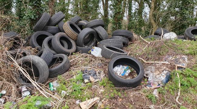 Photo of a fly-tip in East Devon, with a pile of tyres