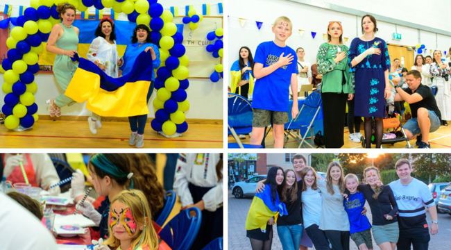 Collage of 4 photos from Ukraine Independence Day event held in Cranbrook. People jumping with a Ukrainian flag, with a blue and yellow balloon archway behind. Attendees place one their hands on their chests for the Ukrainian national anthem. A child with a painted face sat at a creative workshop. A group of young people stood together outside the event for a photo. 